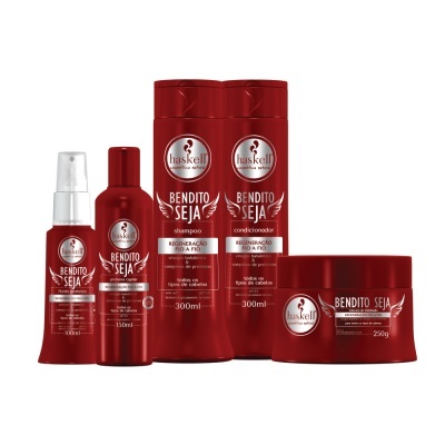 Conjunto de produtos de cabelo Haskell Bendito Seja em embalagens vermelhas e brancas.