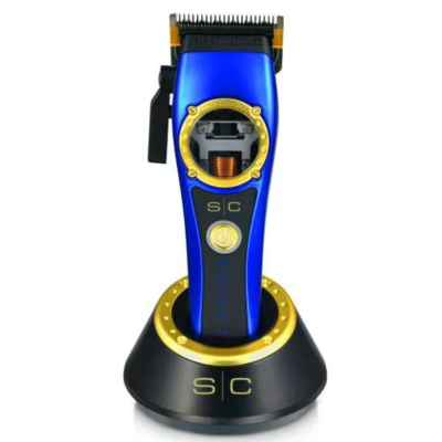 Aparador de cabelo azul metálico com detalhes dourados na base preta.