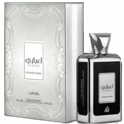 Perfume EIAAZI Intensive Silver em frasco prateado com caixa branca decorativa