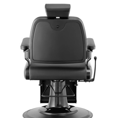 Cadeira de barbeiro preta vista de costas com base metálica e alavanca lateral