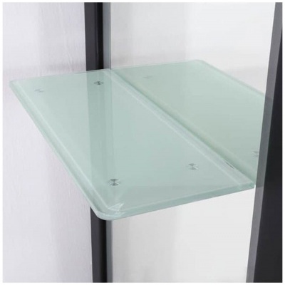 Prateleira de vidro transparente com estrutura metálica preta