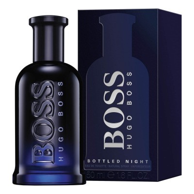 Frasco de perfume BOSS HUGO BOSS BOTTLED NIGHT 50 ml com caixa preta e azul