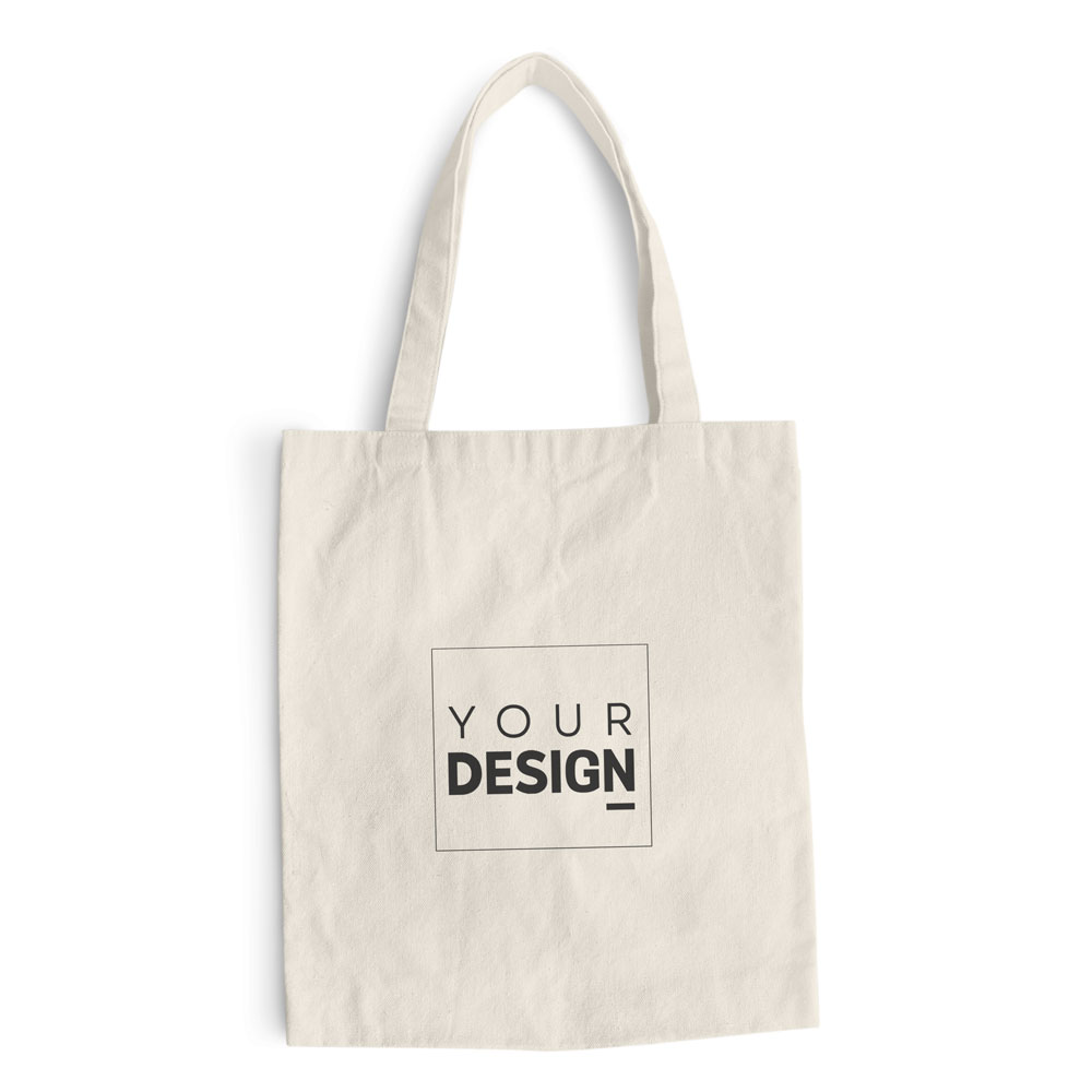 Saco de lona branco com texto YOUR DESIGN impresso ao centro.