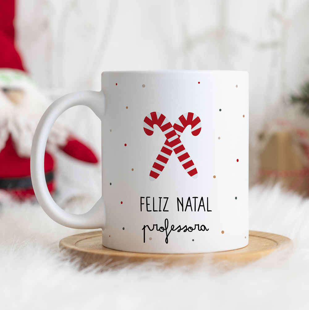 Caneca cerâmica branca com estampado natalício e texto FELIZ NATAL professora