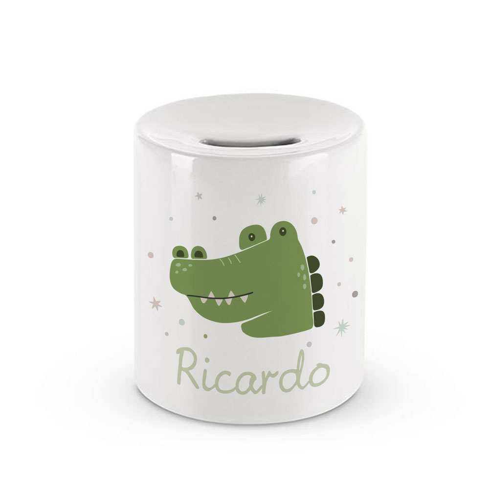 Poupança branca com crocodilo verde e nome Ricardo