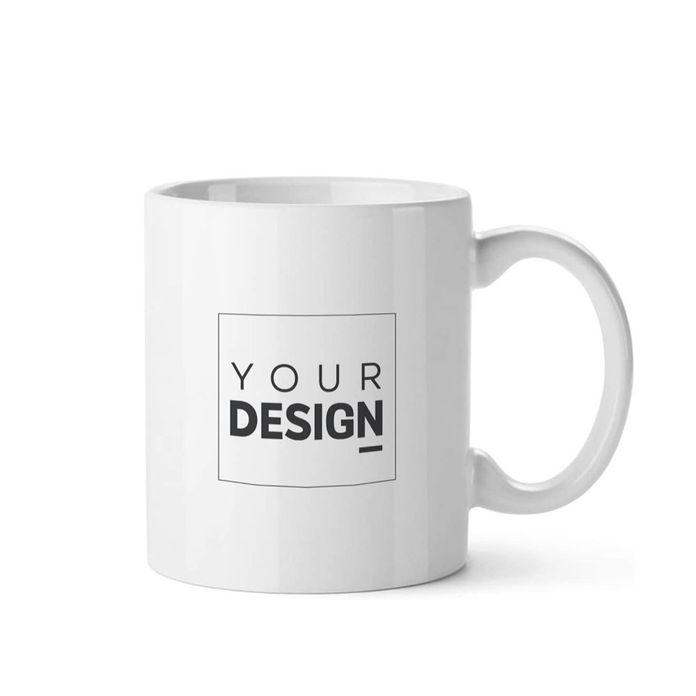 Caneca branca com texto YOUR DESIGN preto