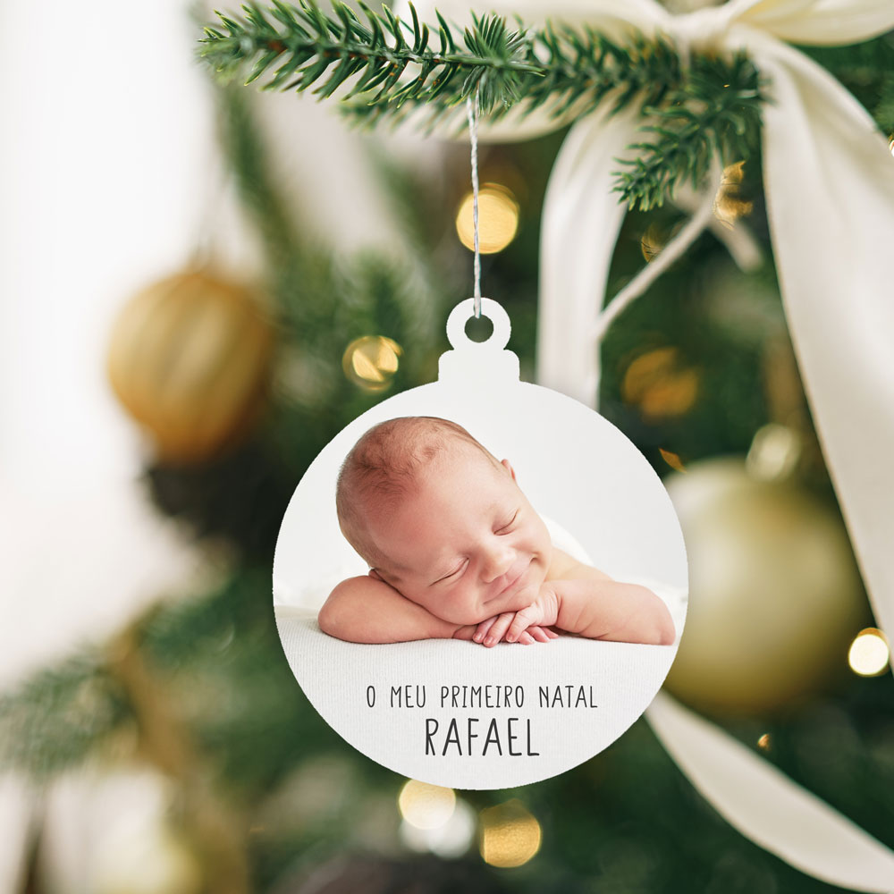 Ornamento de Natal com foto de bebé e texto personalizado em branco