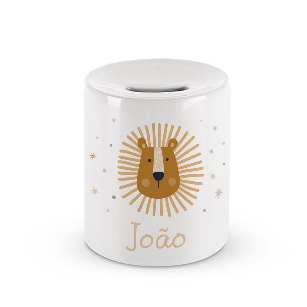 Cofre cerâmico branco com leão e nome João em bege e dourado