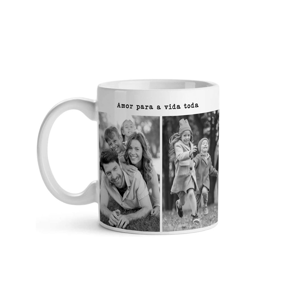 Caneca branca personalizada com fotos de família e texto 'Amor para a vida toda'