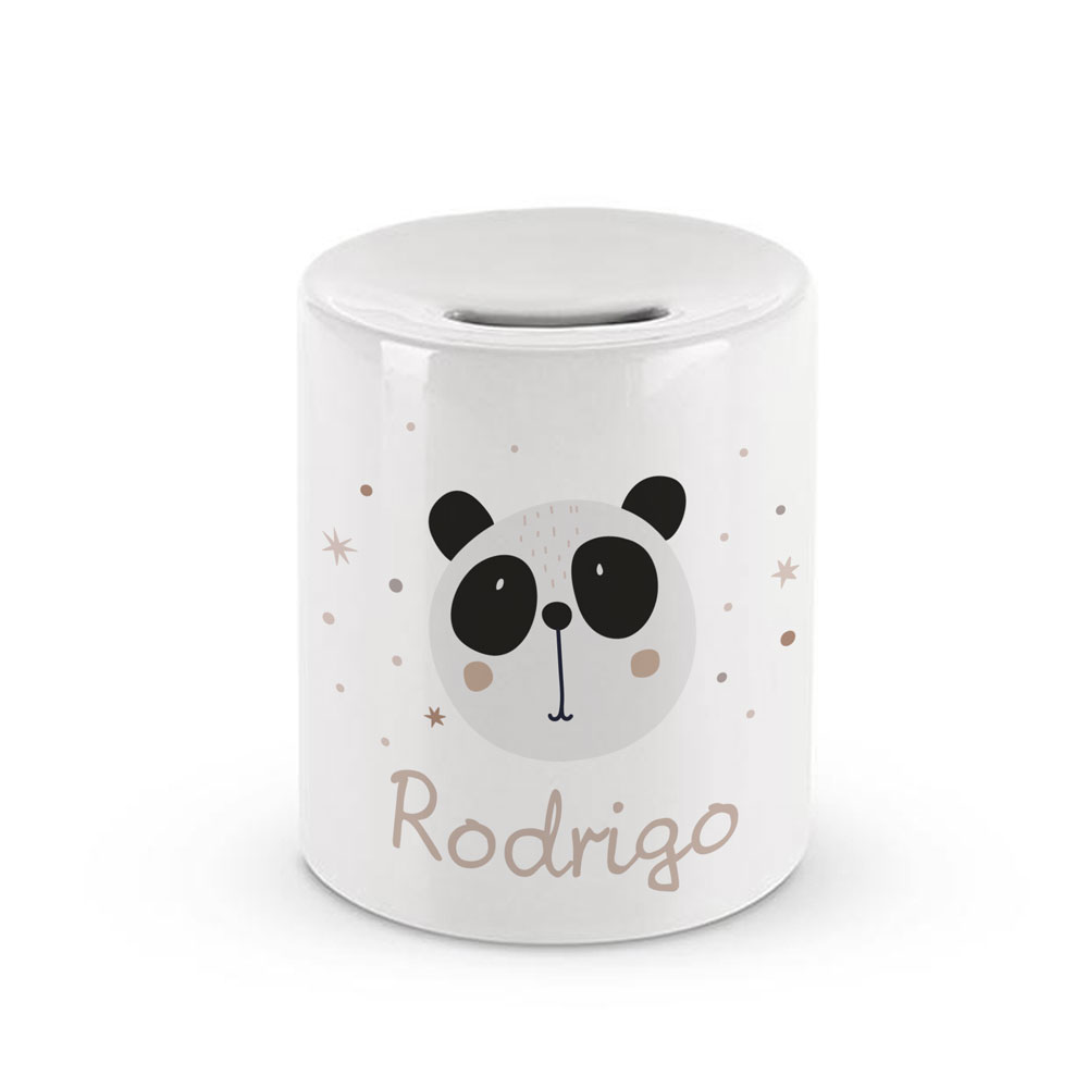 Cofre branco de cerâmica com desenho de panda e nome Rodrigo