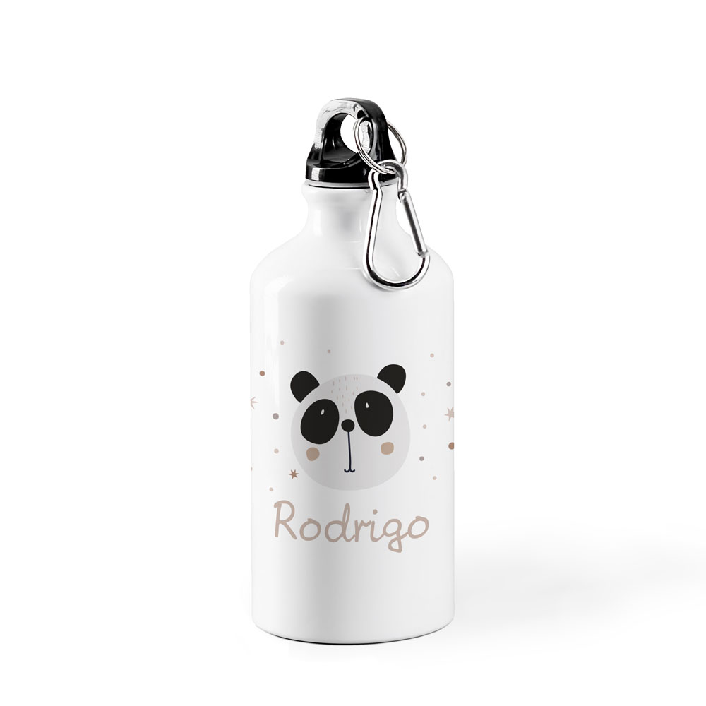 Garrafa metálica branca com desenho de panda e nome Rodrigo