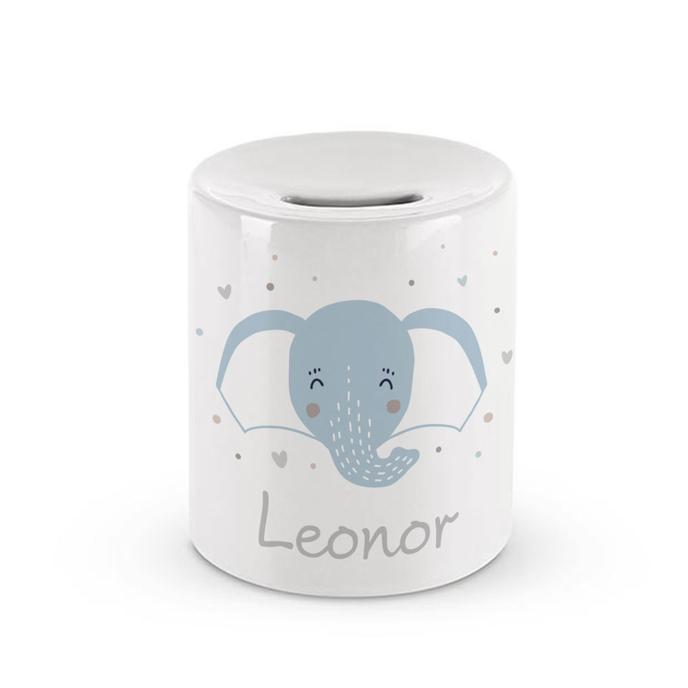 Cofre branco de cerâmica com elefante azul e nome Leonor