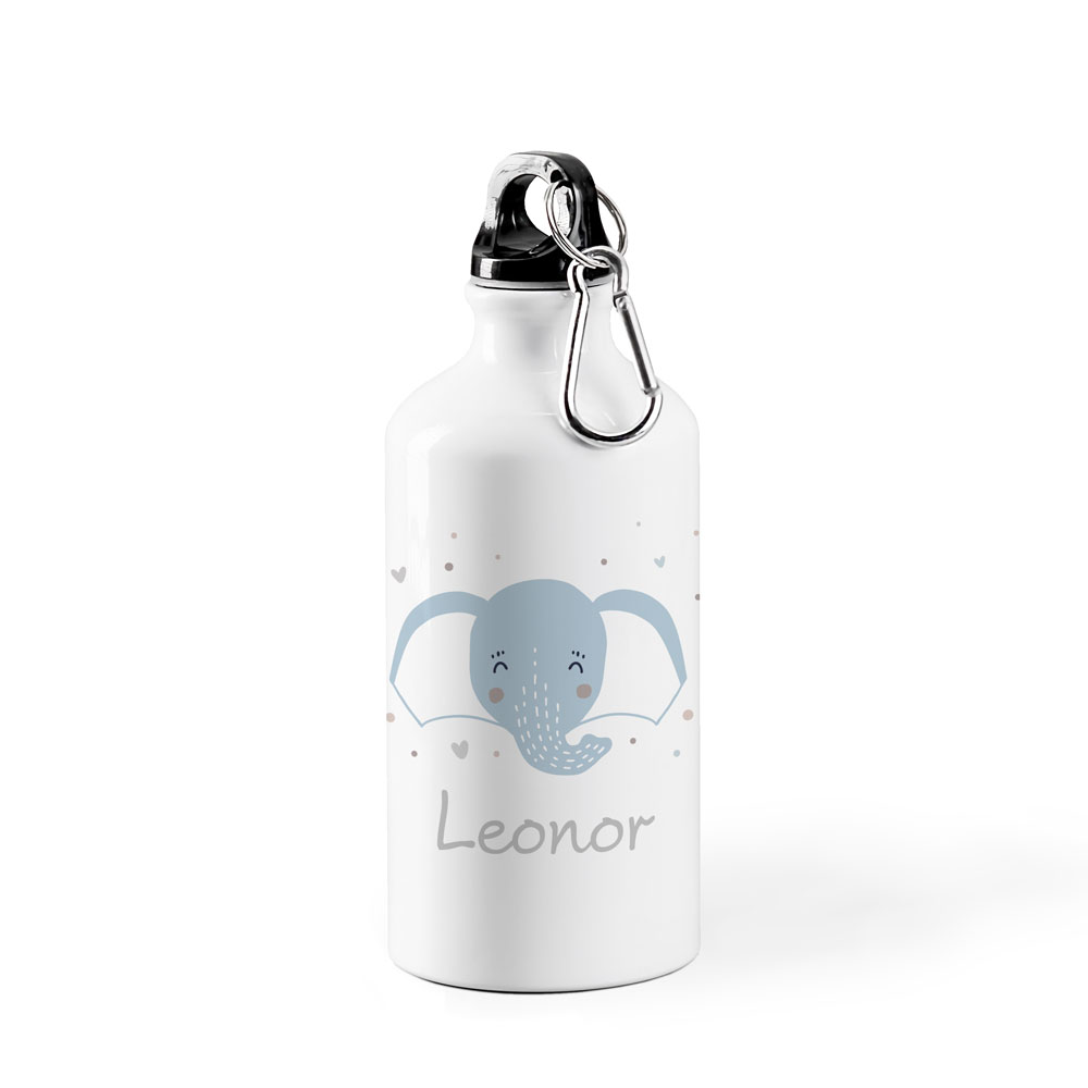 Garrafa de alumínio branca com elefante azul e nome Leonor