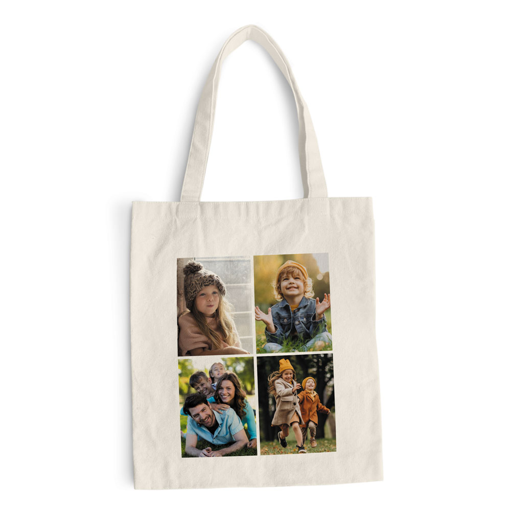 Saco de tecido cru com quatro fotos quadradas impressas de família