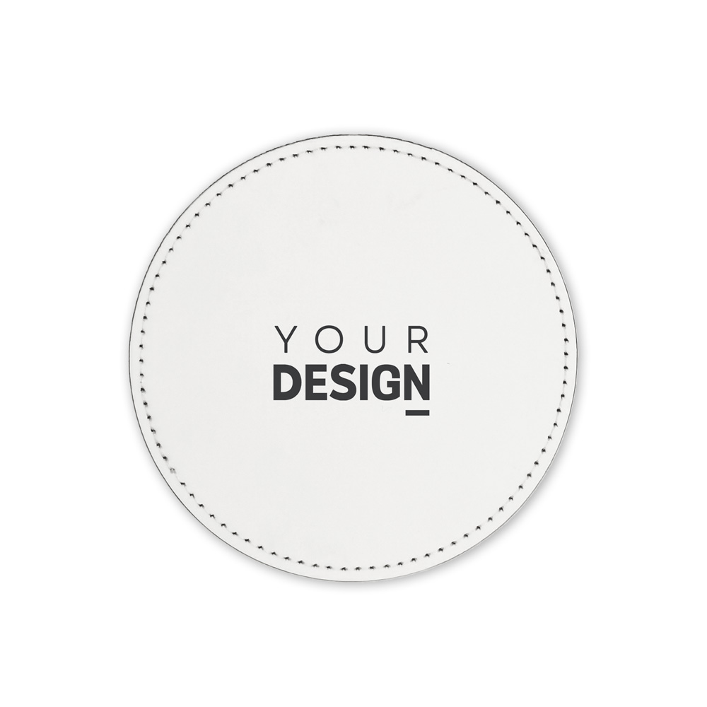 Suporte de copo redondo branco com costura e texto no centro