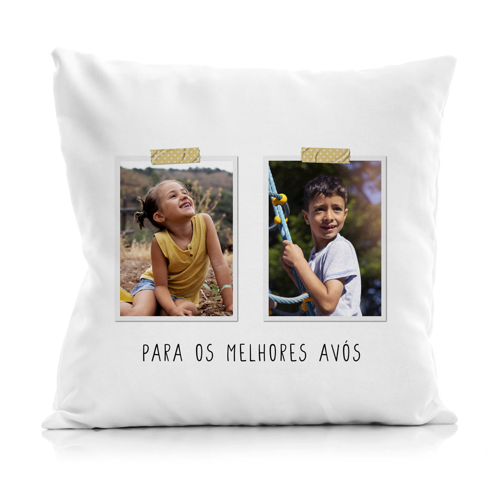 Capa de almofada branca com fotos de crianças e texto para avós