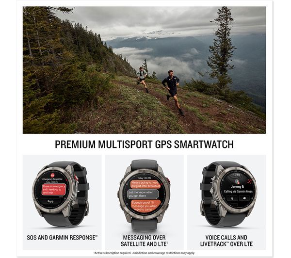 Relógios inteligentes GPS multisport Garmin e pessoas a correr numa montanha
