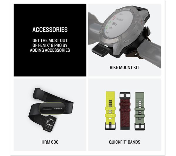 Acessórios para Fénix 8 Pro incluindo suporte para bicicleta, cinta HRM 600 e pulseiras Quickfit coloridas.