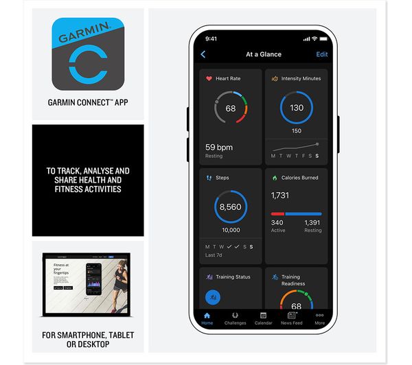 Interface da app Garmin Connect num smartphone mostrando dados de saúde e fitness.