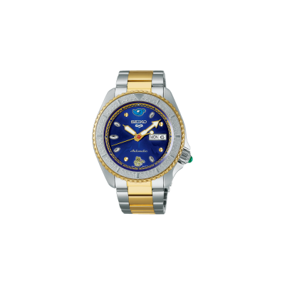 Relógio Seiko automático bicolor com mostrador azul e janela de dia e data.
