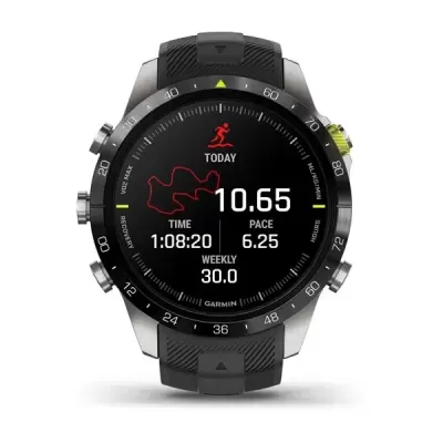 Relógio desportivo Garmin com bracelete preta e mostrador digital redondo