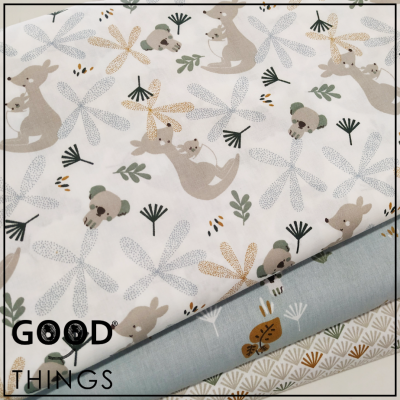 Tecido Algodão Orgânico | Cangurus e Koalas | Koalas fundo Azul