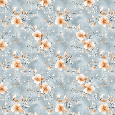 Tecido Floral Branco fundo Azul