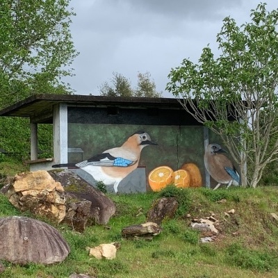 Mural exterior de edifício com pintura de dois pássaros e laranjas ao meio