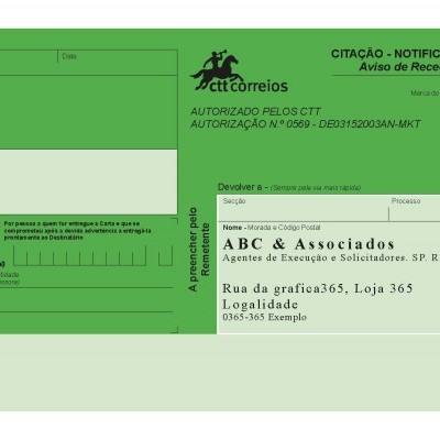 Postal de citação Notificação Via Postal - Avisos de Recepção (AR verde)