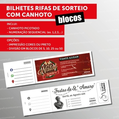 Bilhetes rifas de sorteio com canhoto - BLOCOS