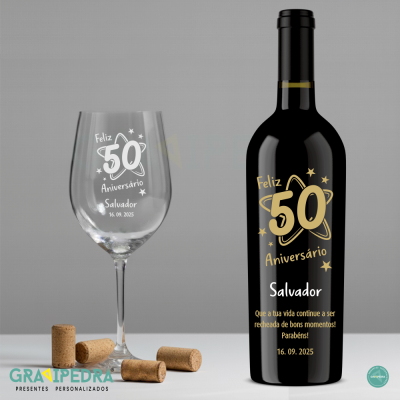 Pack Especial Aniversário - Garrafa + Copo + Caixa Madeira - PACKGCFA57