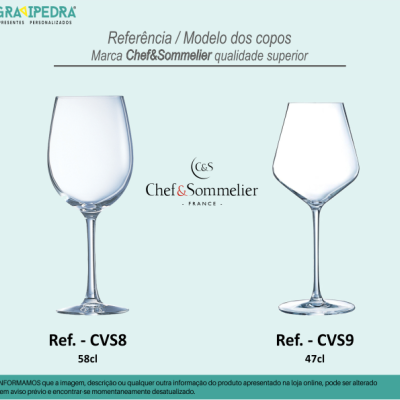 Dois copos de vinho transparentes em fundo azul claro com descrições de modelos e capacidades