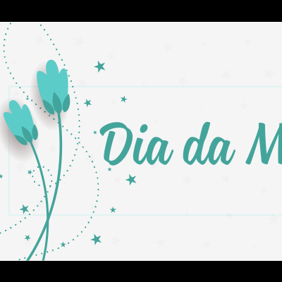Imagem com flores azuis e texto 'Dia da Mãe' num fundo branco com estrelas pequenas