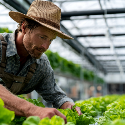 Hombre con sombrero trabajando con lechugas en un invernadero
