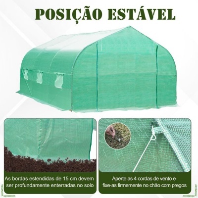 Estufa de jardim verde com estrutura metálica e textos em português sobre instalação e fixação