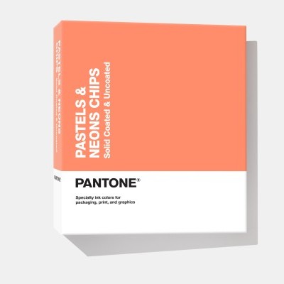 Caixa Pantone cor coral e branca com texto PASTELS & NEONS CHIPS
