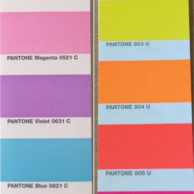 Dois cartões Pantone com amostras de cores em papel com identificação dos códigos e nomes das cores.