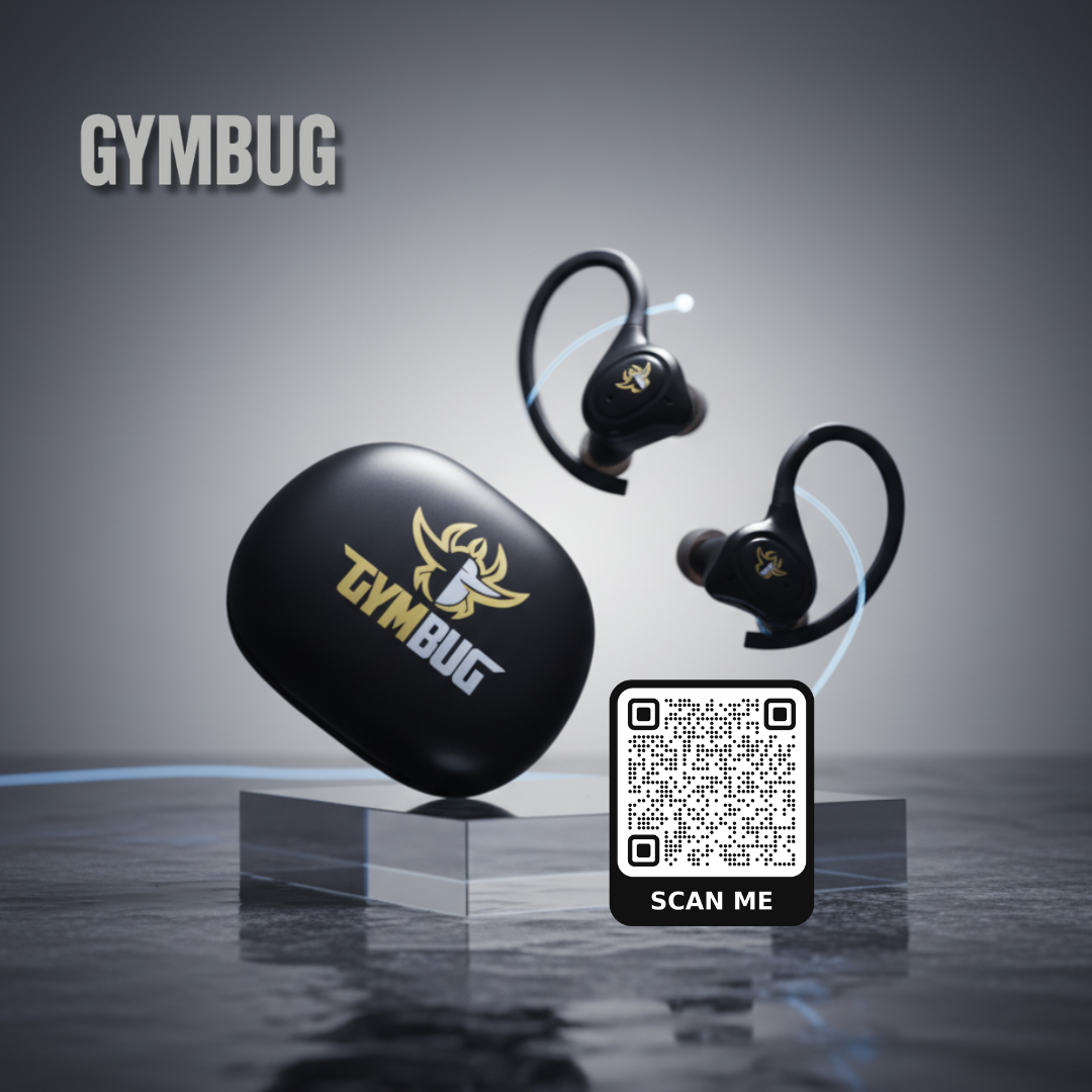 Fones de ouvido e estojo carregador GYMBUG em fundo cinzento