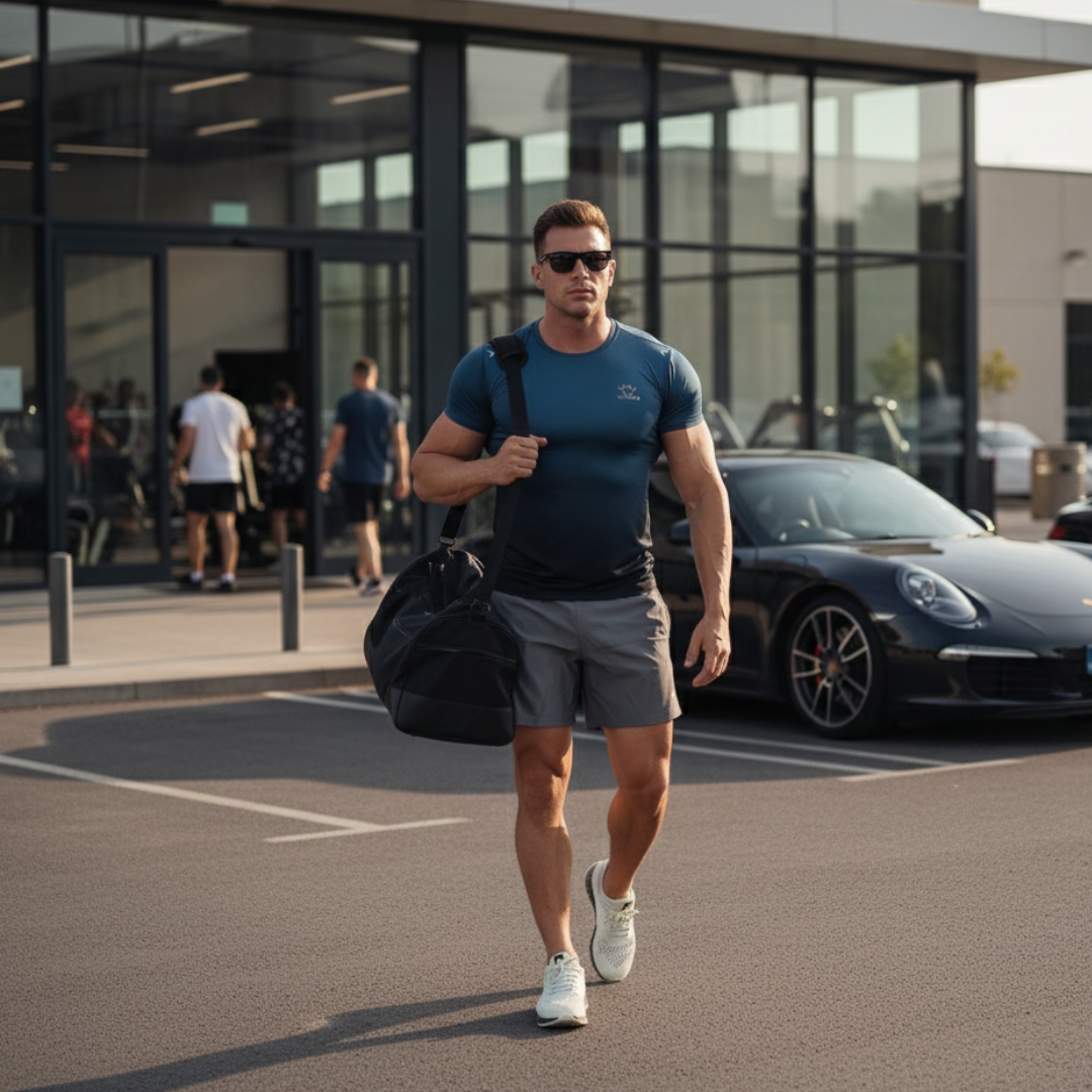 Homem musculado de roupa desportiva a caminhar num parque de estacionamento