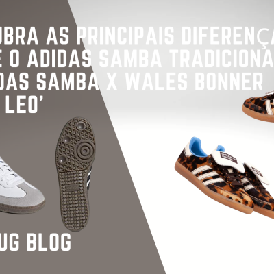 Tênis Adidas Samba x Wales Bonner "Pony Leo" Comparação de dois modelos Adidas Samba com texto em português