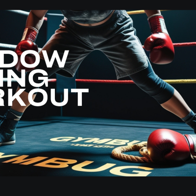 Shadow Boxing Workout: Mastering the Basics for a Full-Body Burn Pugilista com luvas vermelhas num ringue de boxe, texto SHADOW BOXING WORKOUT e GYMBUG BLOG