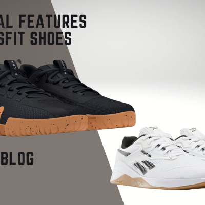 Top Features to Consider When Selecting CrossFit Shoes Dois pares de sapatilhas de CrossFit preto e branco com sola castanha, texto promocional ao fundo.