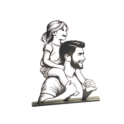 Escultura em metal preto de homem e criança nos ombros