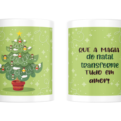 Caneca branca com árvore de Natal e texto festivo em português