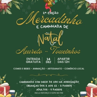 Cartaz verde de Natal com sinos, presentes e texto do evento Mercadinho e Caminhada de Natal.