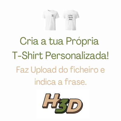T-shirt branca personalizada com texto O TEU TEXTO AQUI frente e costas e texto promocional