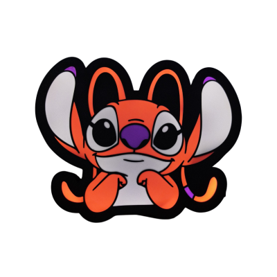 Adesivo de rato laranja estilizado com olhos grandes e detalhes coloridos