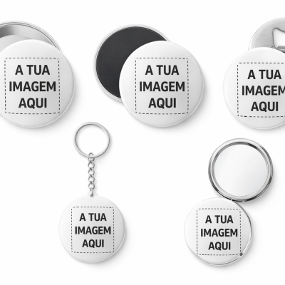 Bottons e chaveiros personalizados brancos com texto preto A TUA IMAGEM AQUI