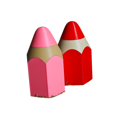 Bancos de madeira em forma de lápis, rosa e vermelho, sobre relva.