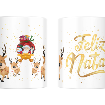 Caneca branca com design natalício 'Feliz Natal' e ilustração de renas com trenó do Pai Natal